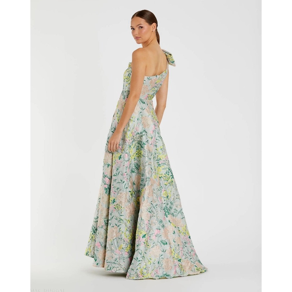 Mac Duggal One-Shoulder Floral Gown in Pastel Green and Pink - Picture 11 of 16